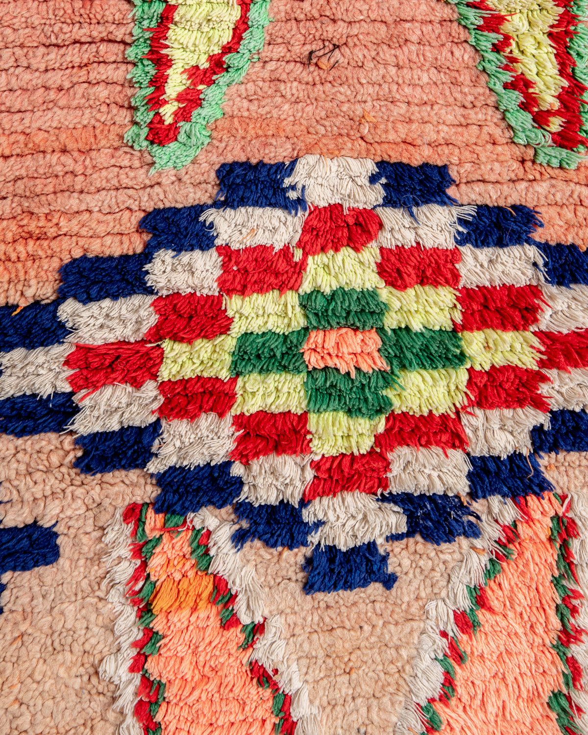 Modern, designer, handcrafted Berber rug from Morocco. Vintage carpet with beautiful colours and patterns and fluffy texture.